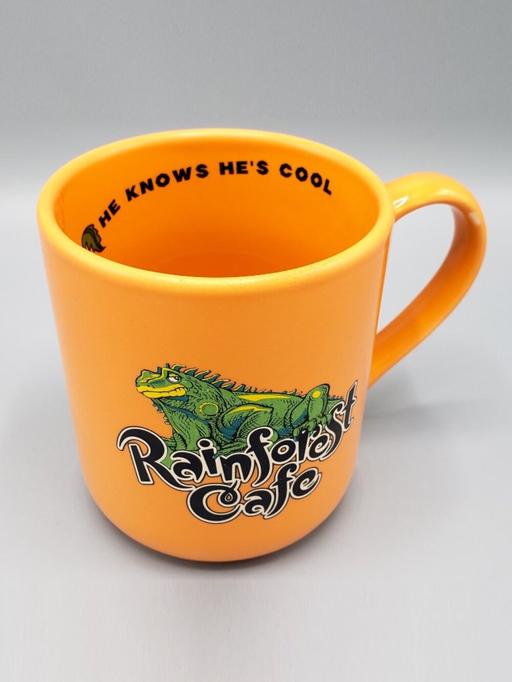 Rainforst Cafe Mug Iggy Iguana Coffee Cup Vtg 1999 Orange Philosopher REPAIRED